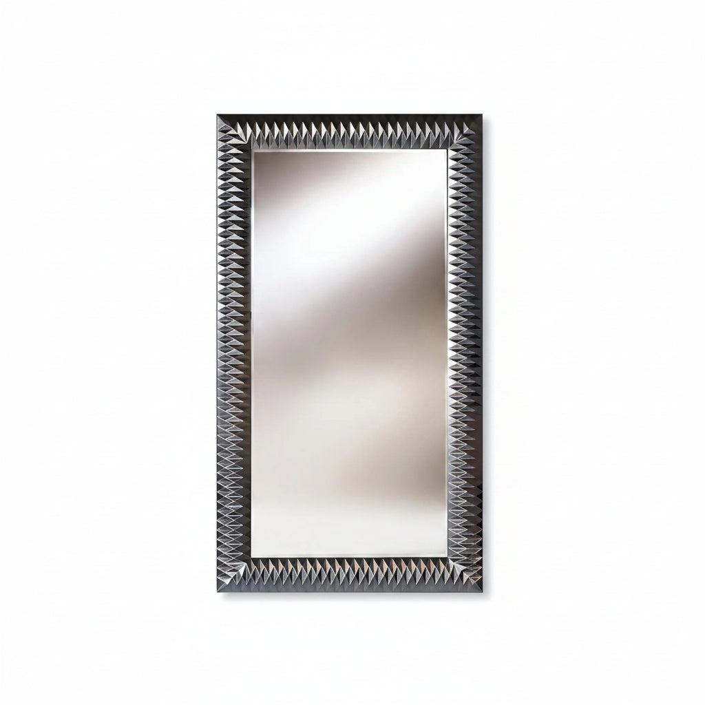 Grand miroir argenté 106x189 cm cadre argent, vue de face sur fond blanc
