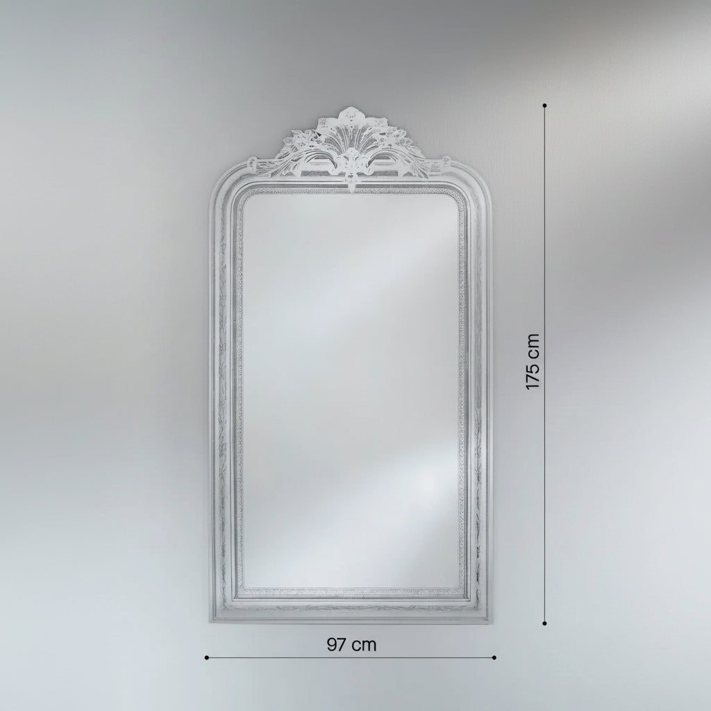 Dimensions du grand miroir baroque : 97 cm de largeur, 175 cm de hauteur, poids 20 kg
