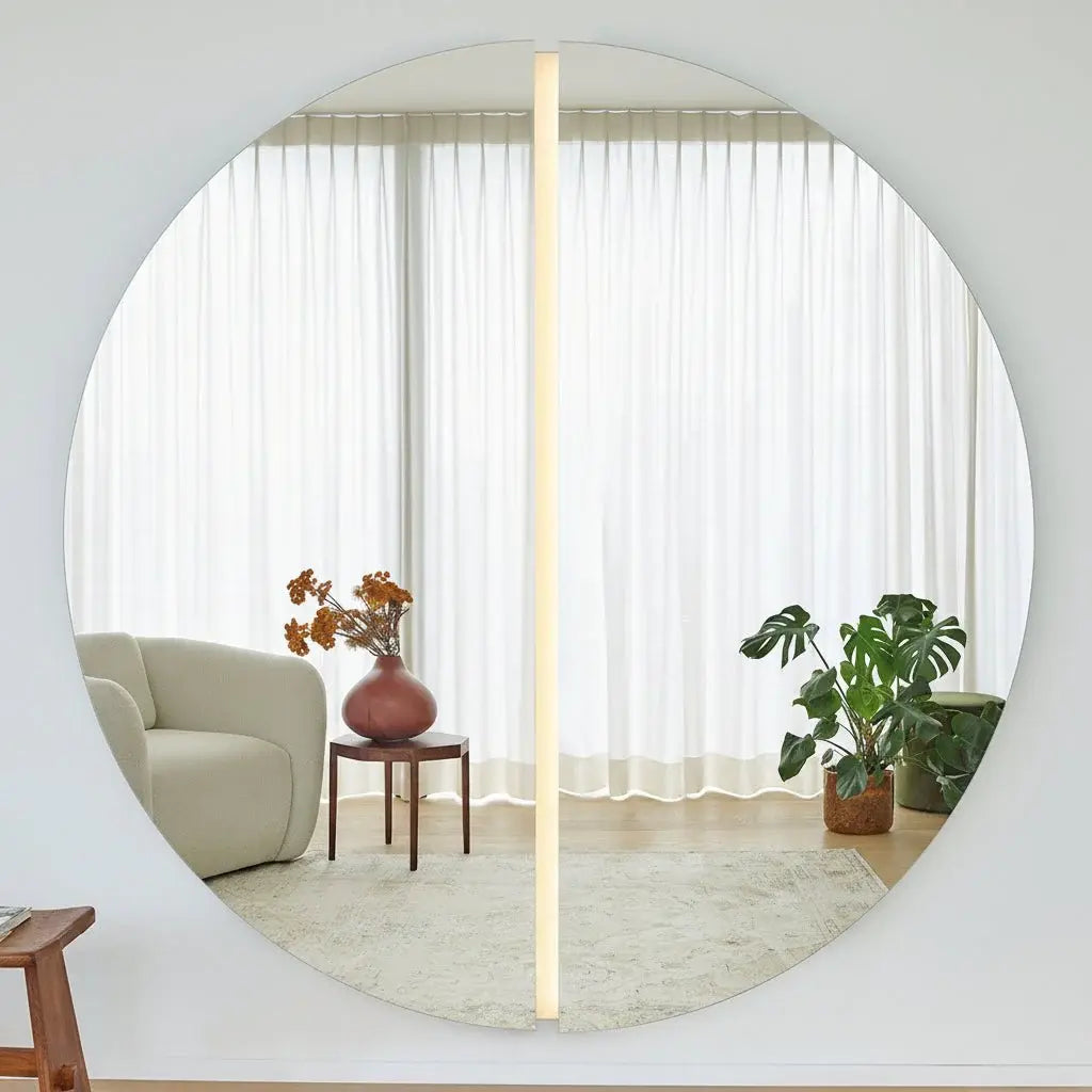 Grand miroir lumineux mural salon design intérieur contemporain