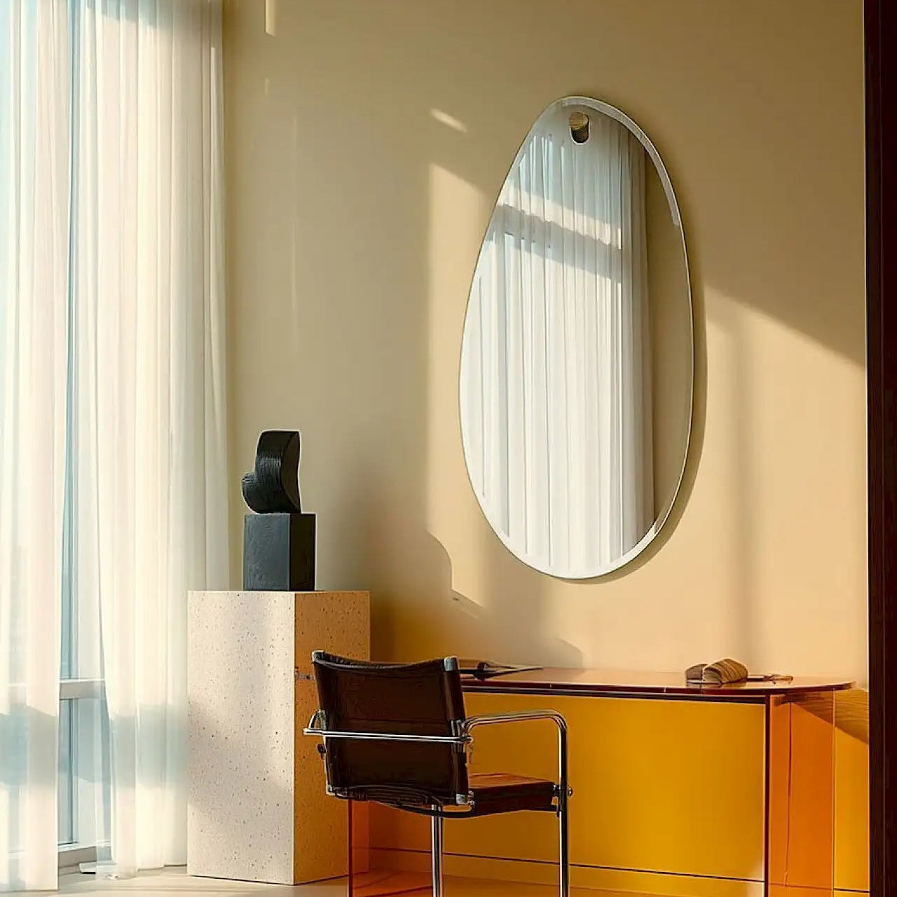 Miroir ovoïde dans une mise en scène décorative inspirante