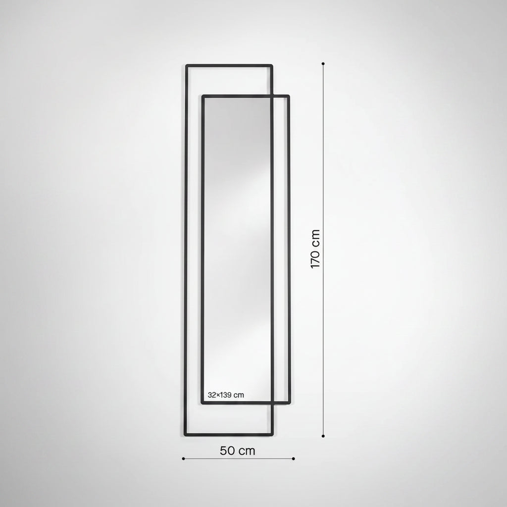 Dimensions du miroir rectangle noir : 50 cm de largeur, 170 cm de hauteur, 2,5 cm de profondeur
