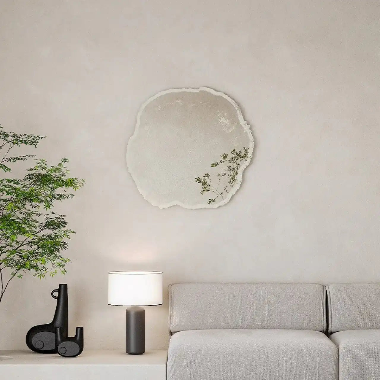 Miroir design mural blanc forme organique - détail sérigraphie nervures bois
