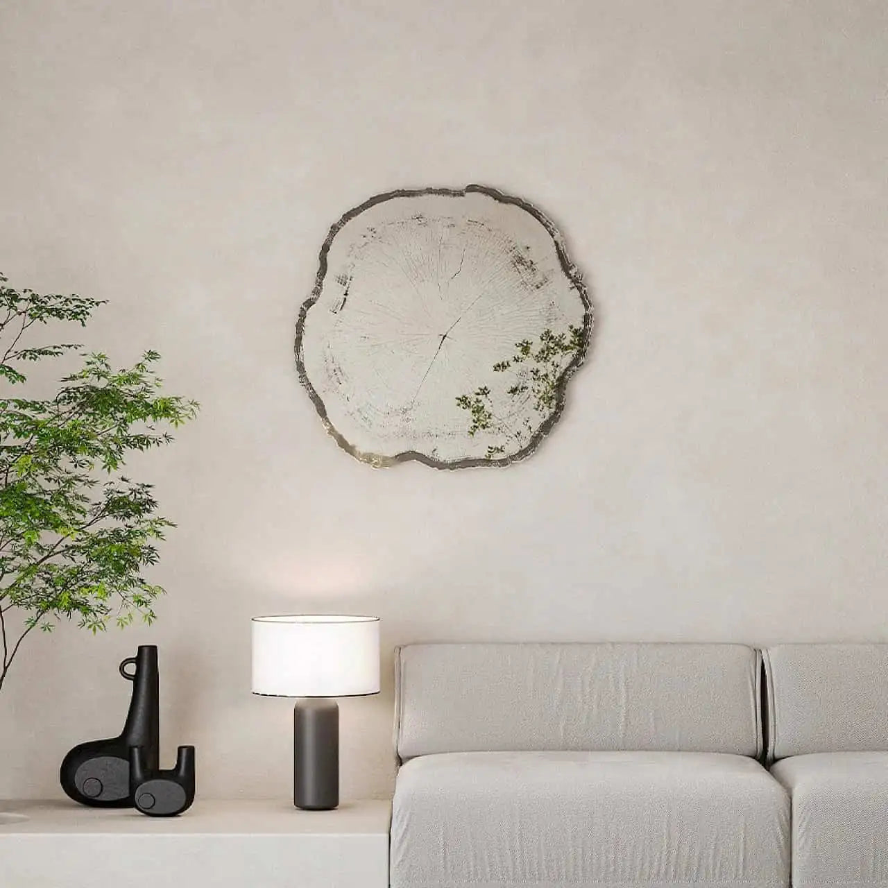 Miroir mural décoratif tronc d'arbre avec sérigraphie noire imitant les nervures du bois