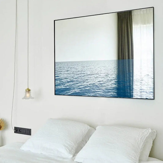Miroir mural rectangulaire bleu sérigraphié 120x90 cm, cadre métal noir, vue de face